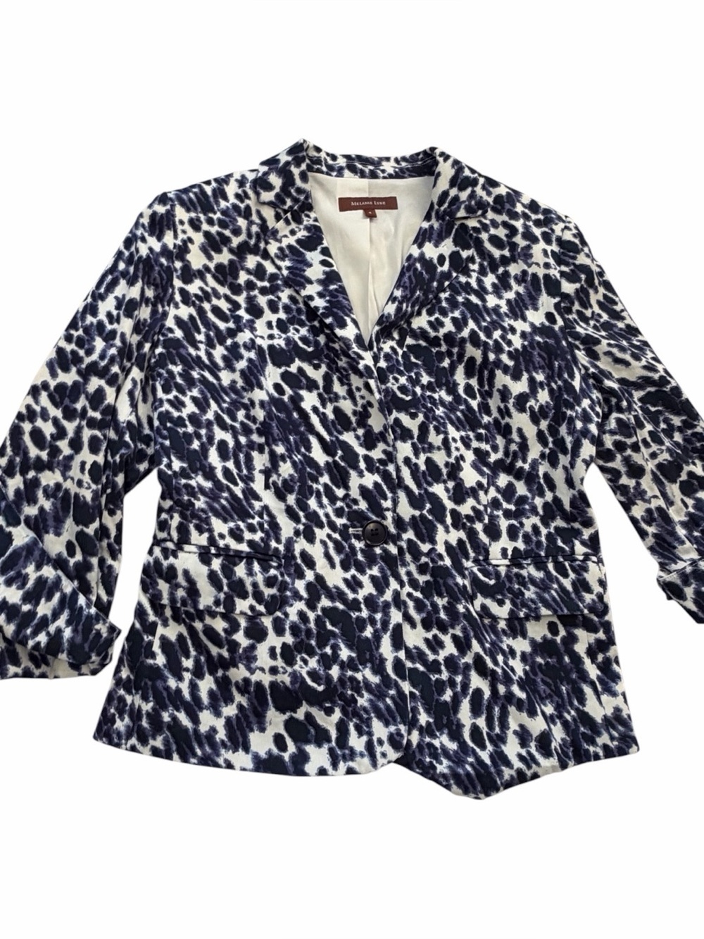 Melanie Lyne single-button blazer- navy blue/ white abstract/Animal Print-Size 6